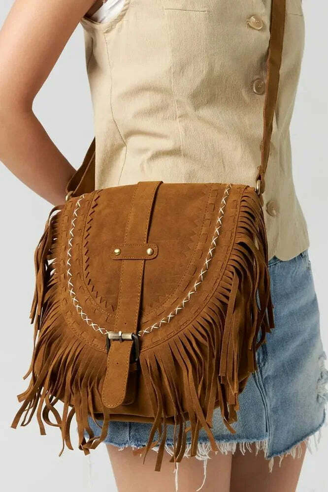 Braune Western-Stil Fransen Crossbody-Tasche
